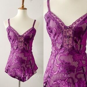 VINTAGE VICTORIA’S SECRET Gold Label Violet Satin Floral Ruffle Teddy Purple 90s